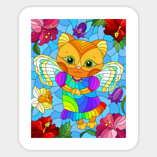 Angel Cat In Flower Garden Stained Glass Pattern Design Sticker